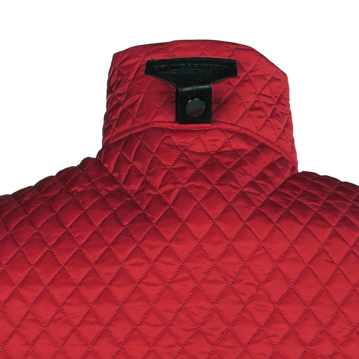 Red Diamond Stitched Puffer Vest with Black Leather Trims Collar & Pockets by Brune & Bareskin