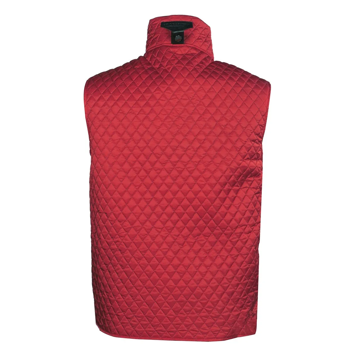 Red Diamond Stitched Puffer Vest with Black Leather Trims Collar & Pockets by Brune & Bareskin