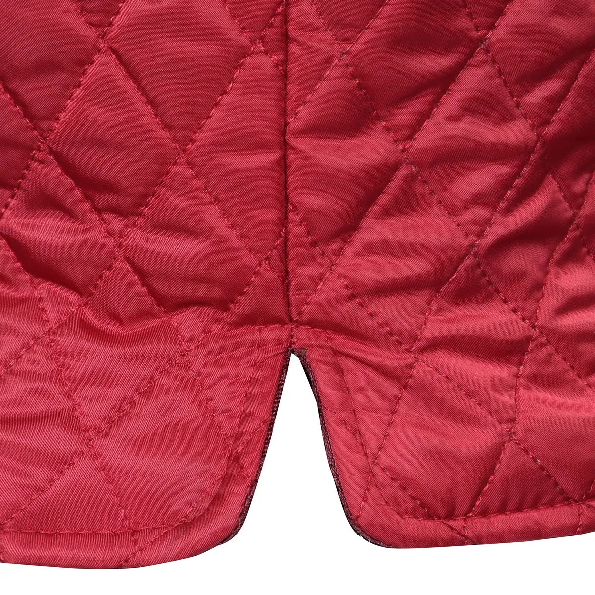 Red Diamond Stitched Puffer Vest with Black Leather Trims Collar & Pockets by Brune & Bareskin