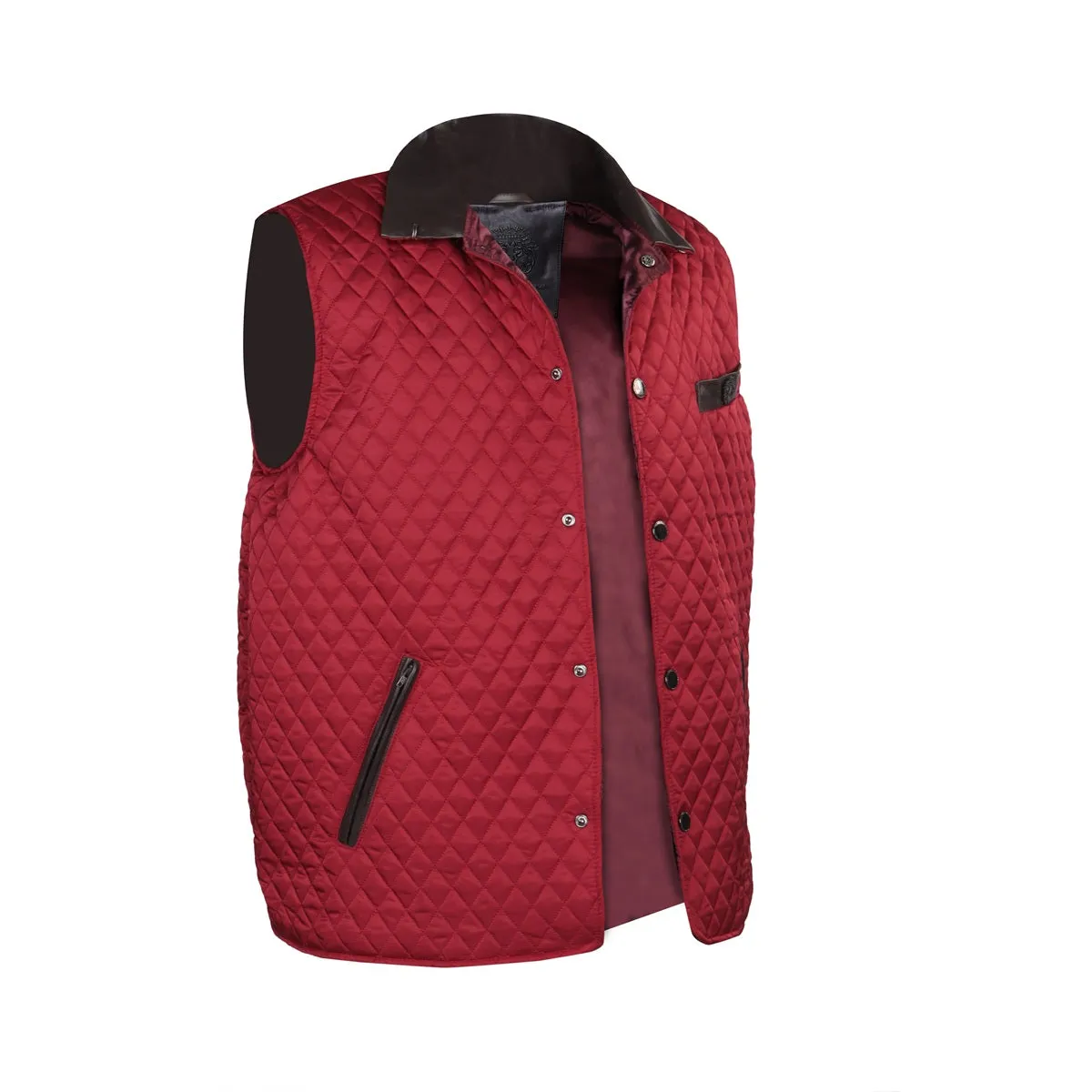 Red Diamond Stitched Puffer Vest with Black Leather Trims Collar & Pockets by Brune & Bareskin