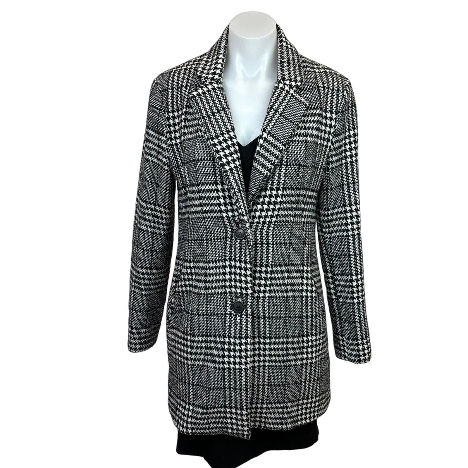 Sebby Collection Women’s Black Notch Lapel Collar Houndstooth Long Overcoat S