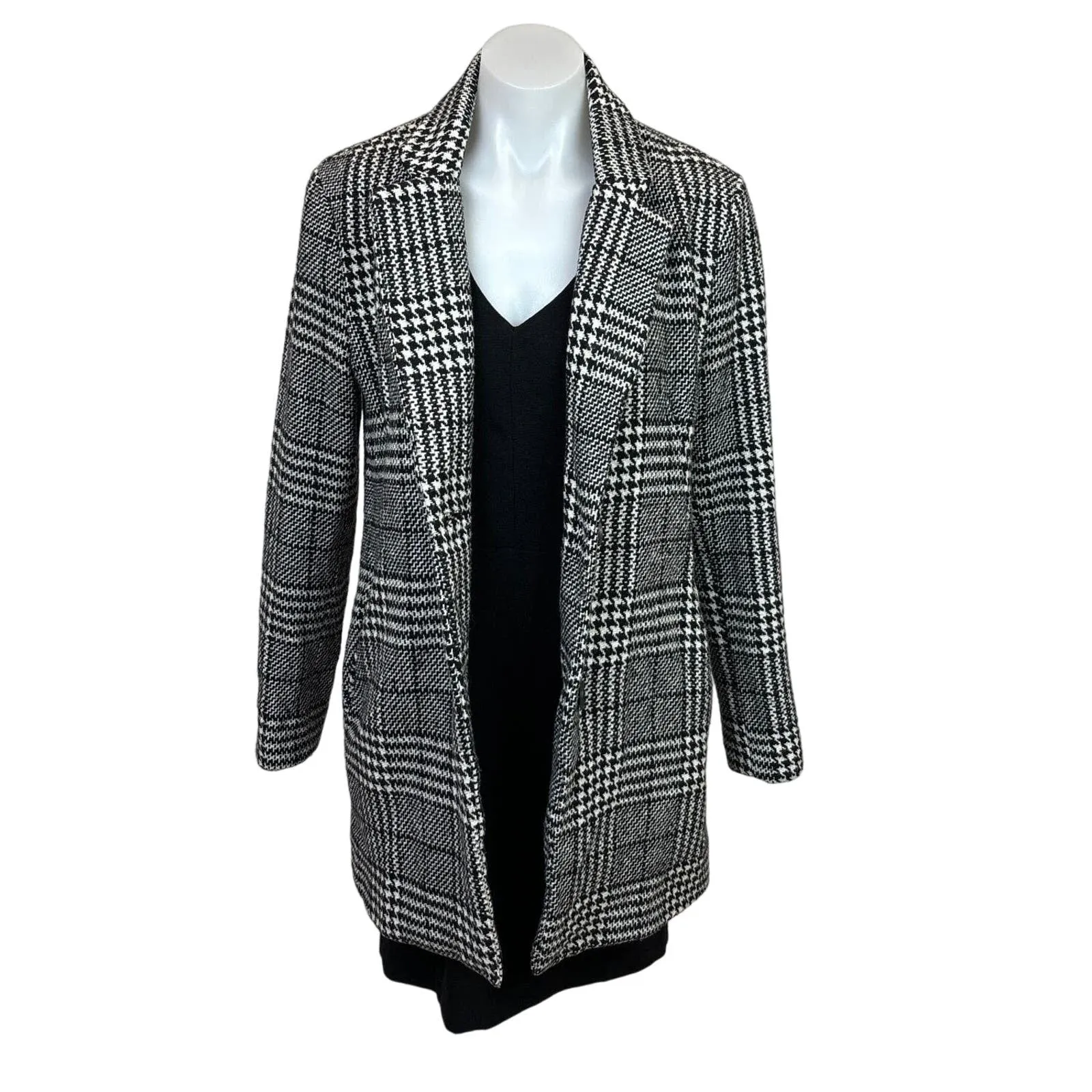 Sebby Collection Women’s Black Notch Lapel Collar Houndstooth Long Overcoat S