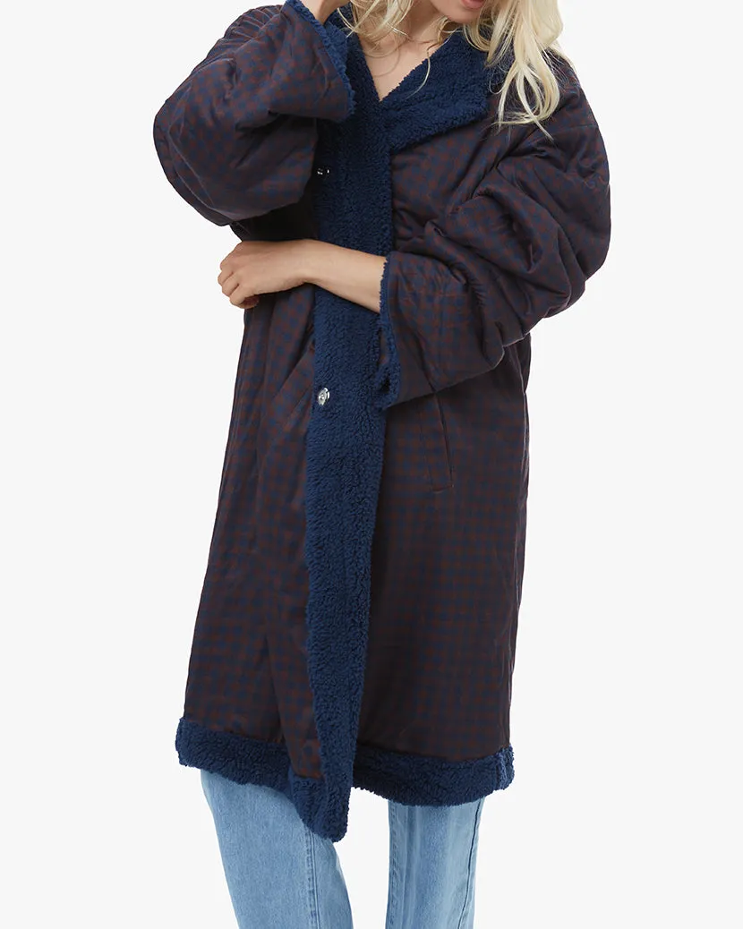 Sherpa Lined Hooded Herringbone Overcoat | Navy Cacao