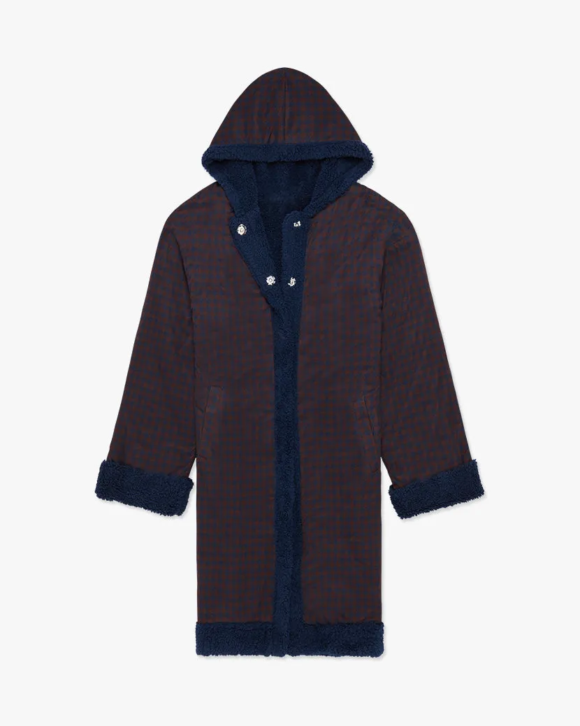 Sherpa Lined Hooded Herringbone Overcoat | Navy Cacao