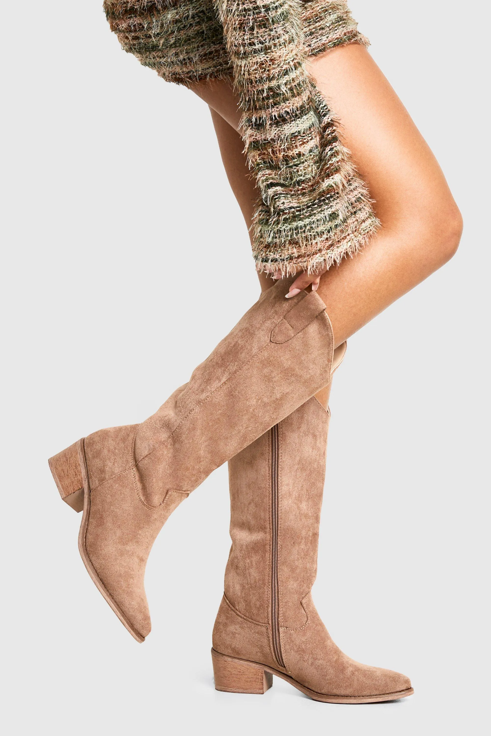 Tab Detail Knee High Cowboy Boots