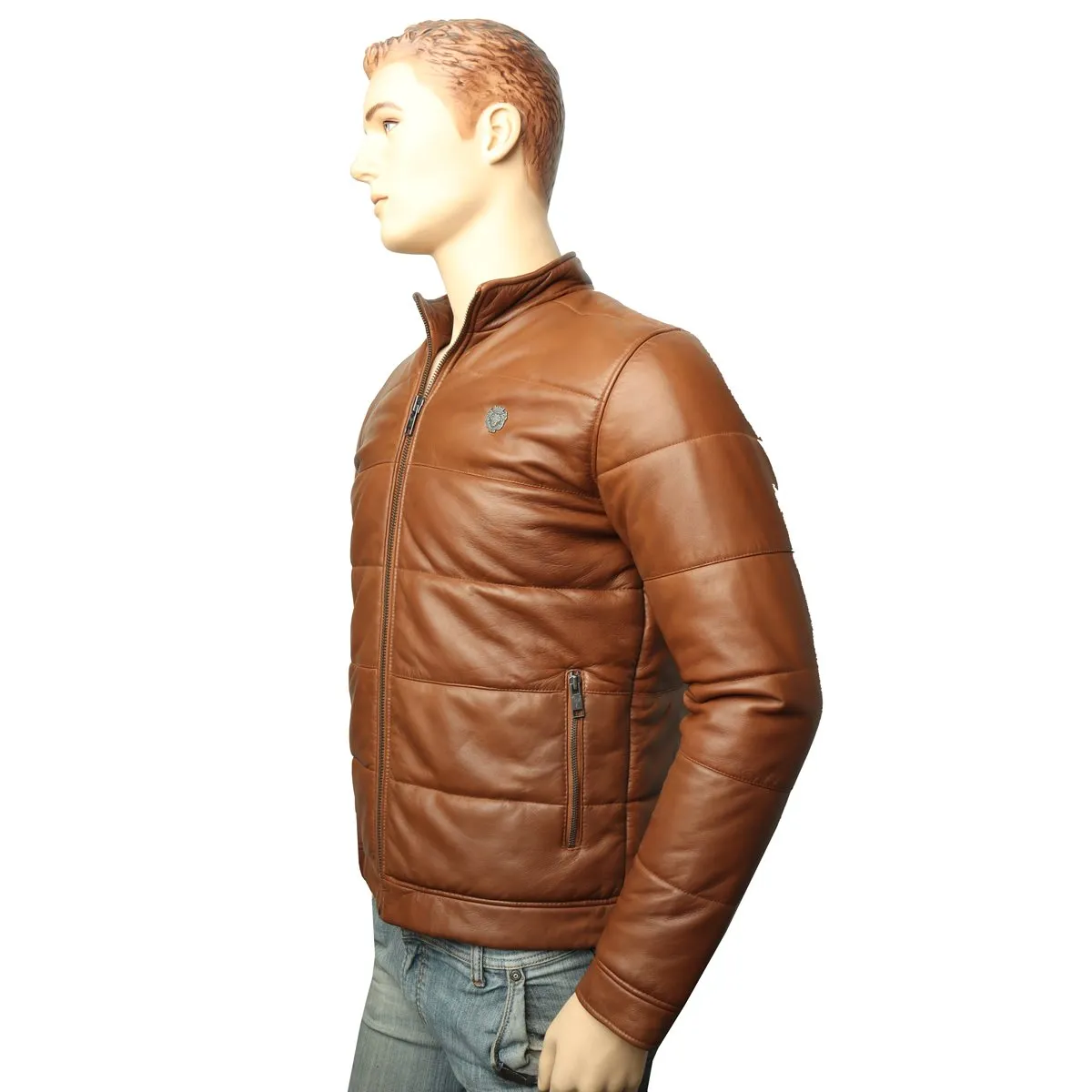 TAN GENUINE LEATHER PUFFER JACKET