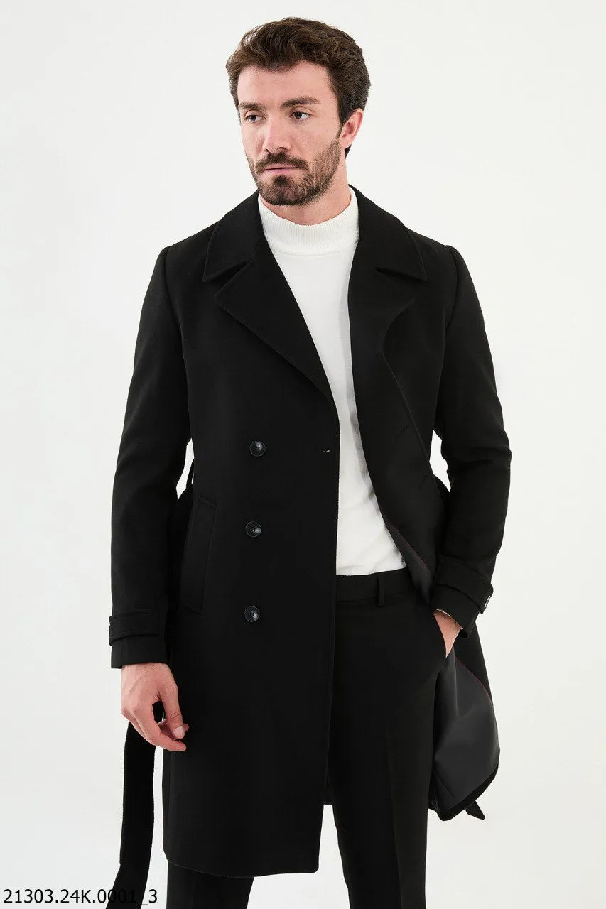 Timeless Men's Black Overcoat with Modern Belted Design.