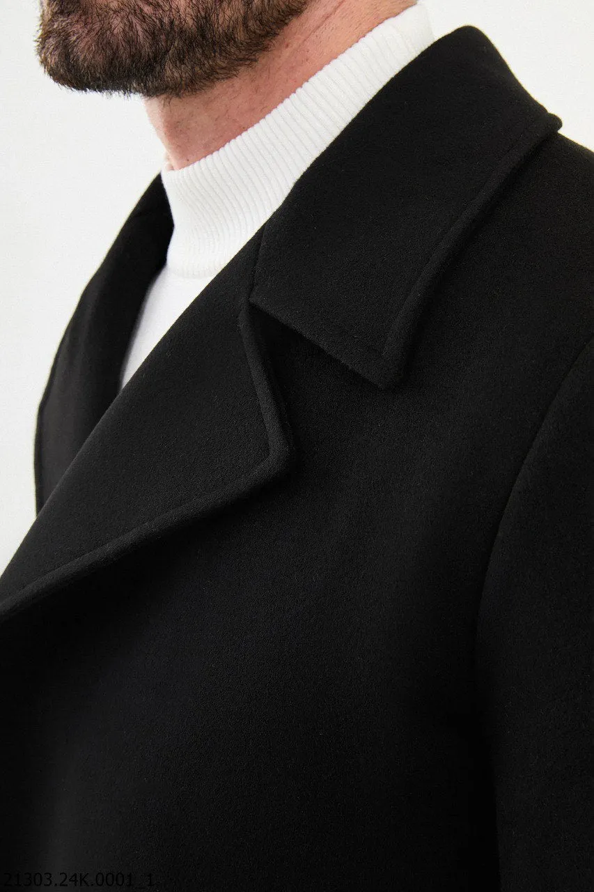 Timeless Men's Black Overcoat with Modern Belted Design.