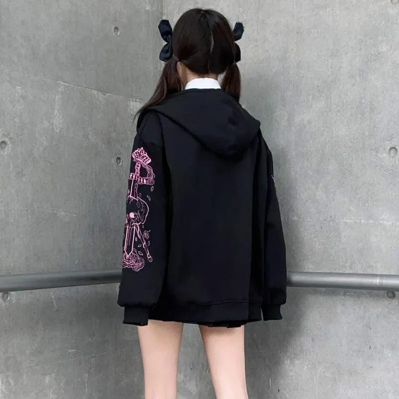 Women's Gothic Skull Roses Embroidered Coats With Hood