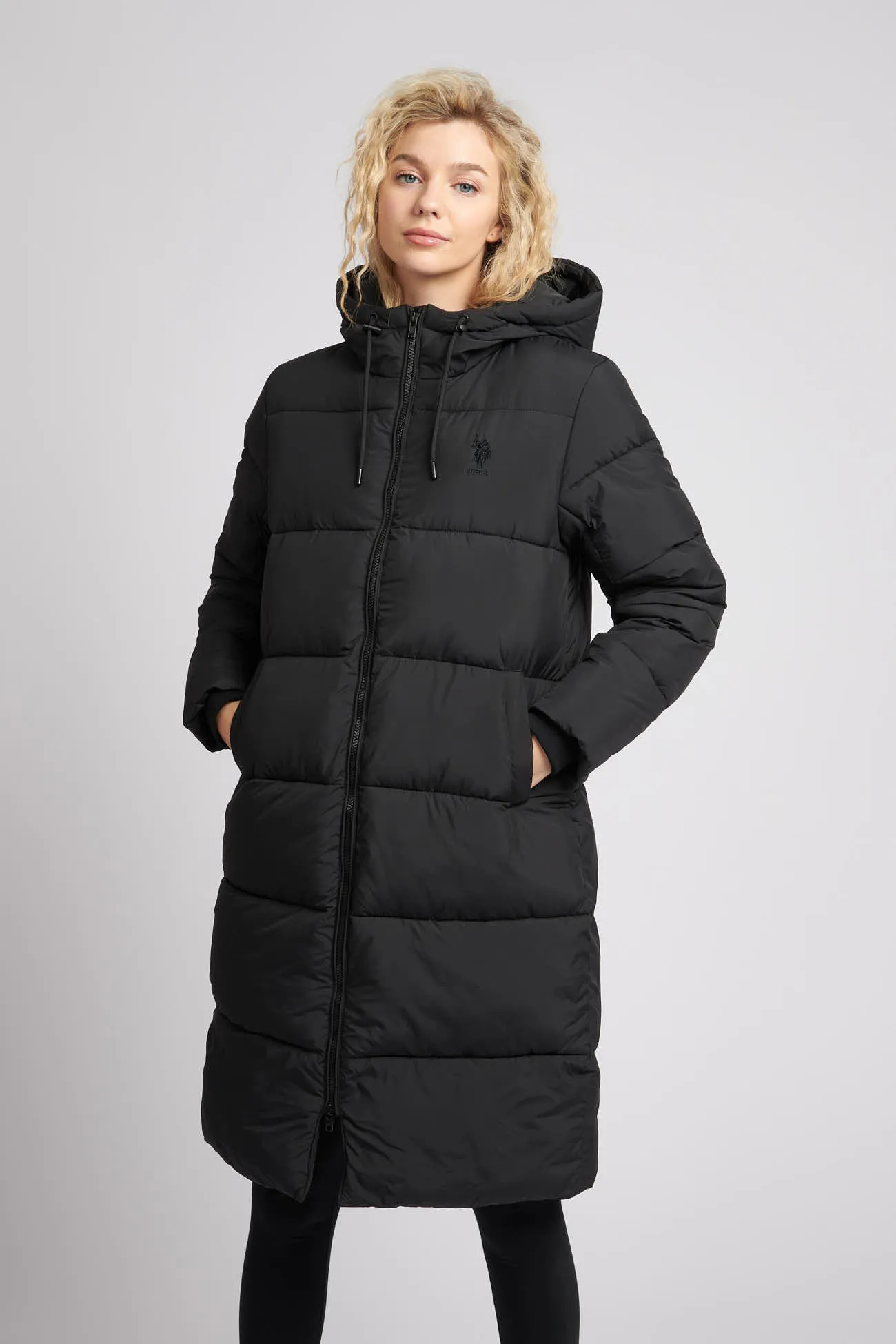 Womens Long Line Puffer Coat in Black