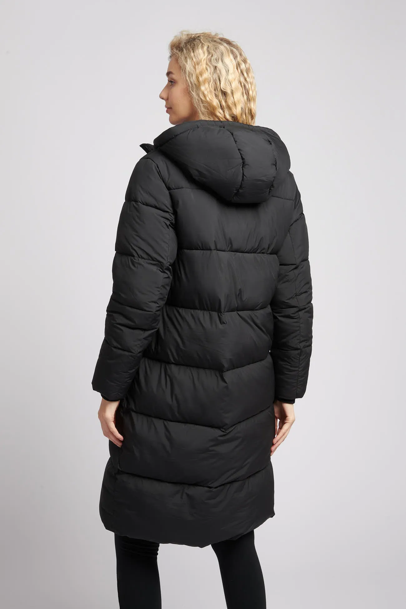 Womens Long Line Puffer Coat in Black