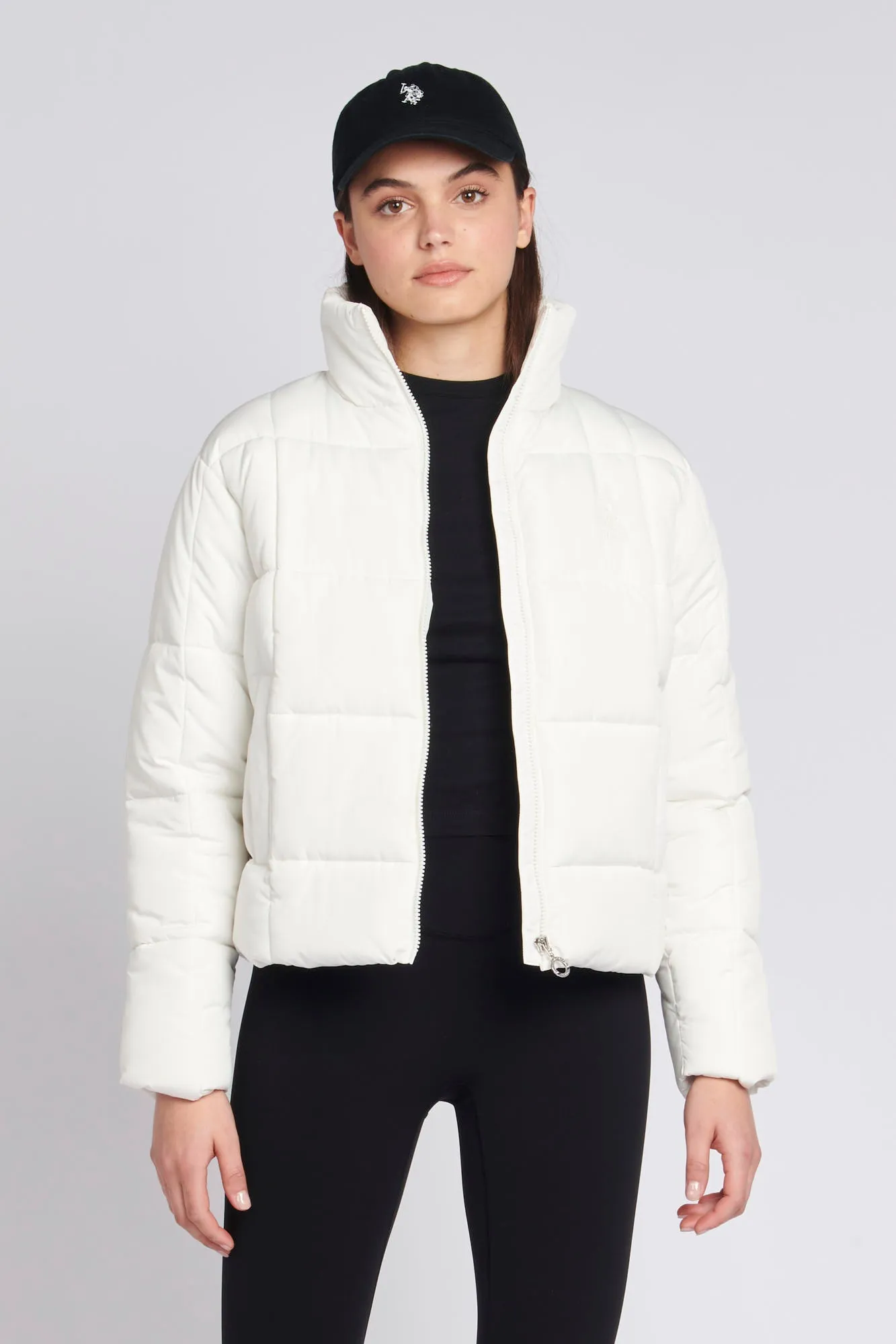 Womens Square Quilt Cropped Puffer Coat in Egret