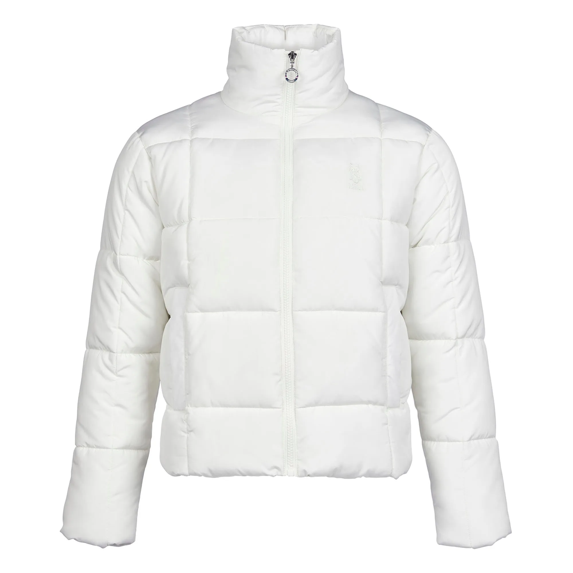 Womens Square Quilt Cropped Puffer Coat in Egret