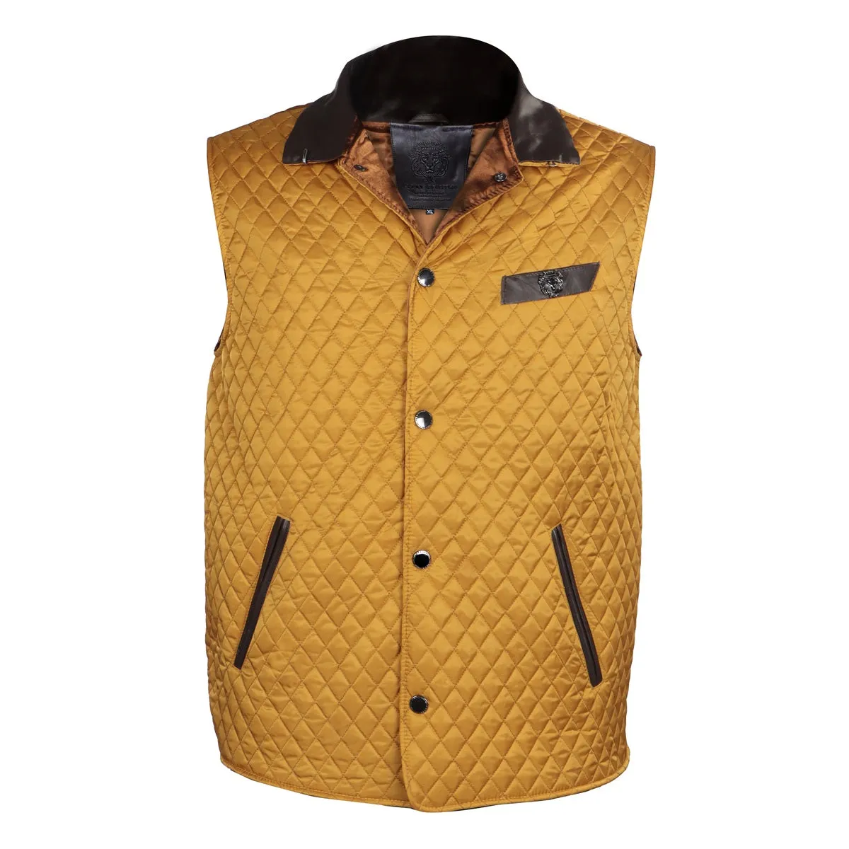 Yellow Puffer Vest Diamond Stitched Dark Brown Leather Trims Collar & Pockets by Brune & Bareskin