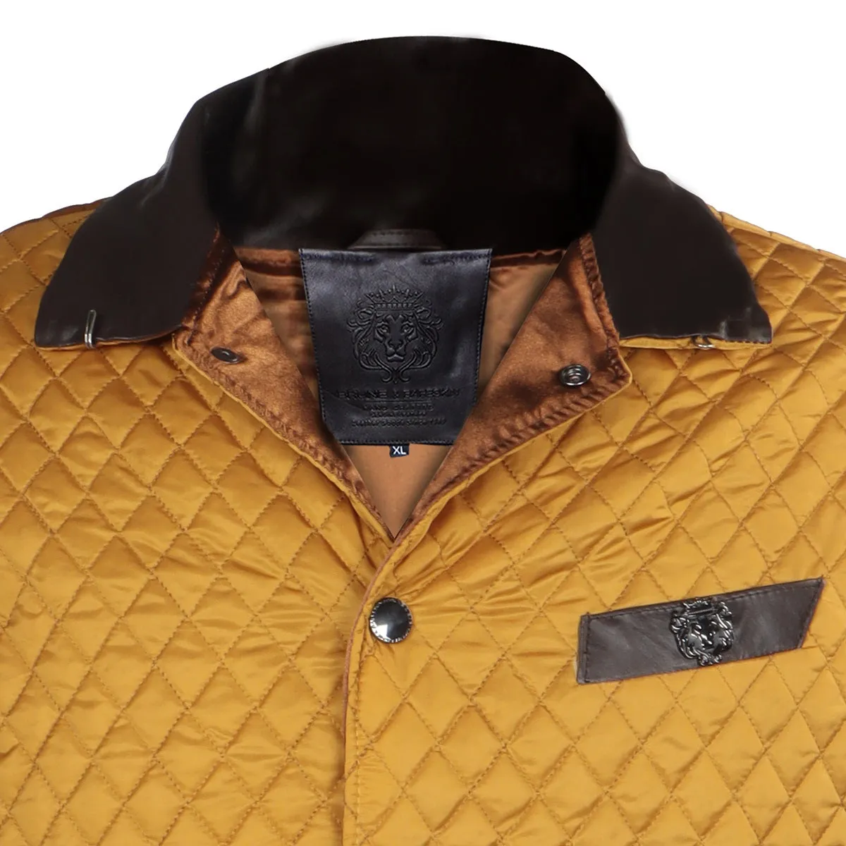 Yellow Puffer Vest Diamond Stitched Dark Brown Leather Trims Collar & Pockets by Brune & Bareskin