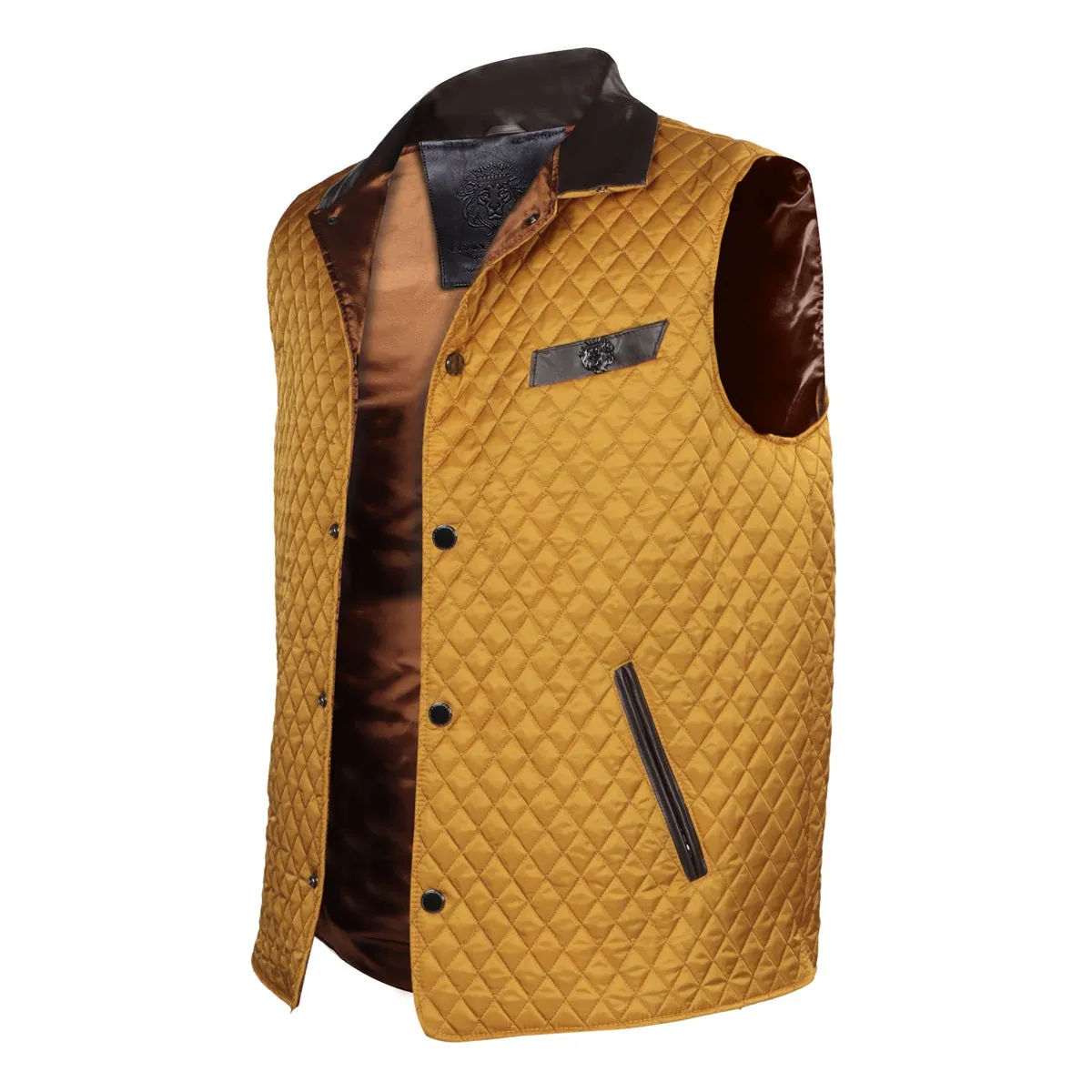 Yellow Puffer Vest Diamond Stitched Dark Brown Leather Trims Collar & Pockets by Brune & Bareskin